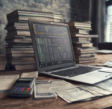 A computer with a calculator and a metaphorical image of books in the background