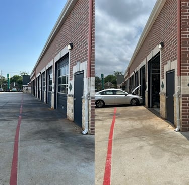 Before and After picture of heavy oil and automotive stains in parking lot have been removed