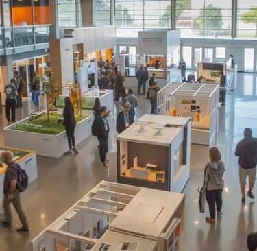 Attendees engaging at a modern food and beverage trade show