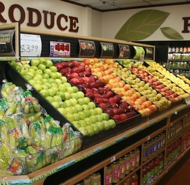 European supermarket with community green space