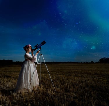 mirando la luna con catalejo niña vestida de comunion   