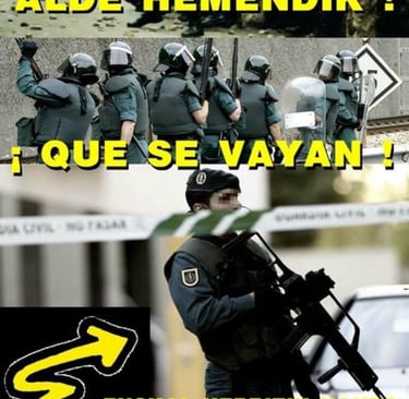 Cartel con fotos de guardias civiles en acción, con lemas antifascistas y llamados a su expulsión.
