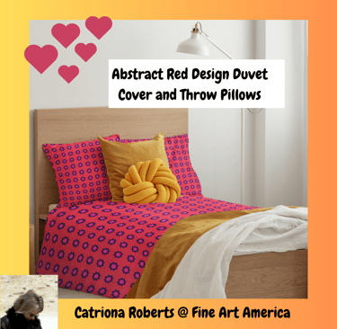 Bed with bedding on it duvet cover and throw pillows featuring Abstract Red Design