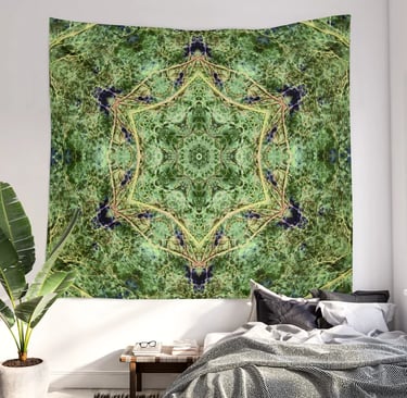 Digital image featuring an abstract forest kaleidoscope design on a Wall Tapestry. 