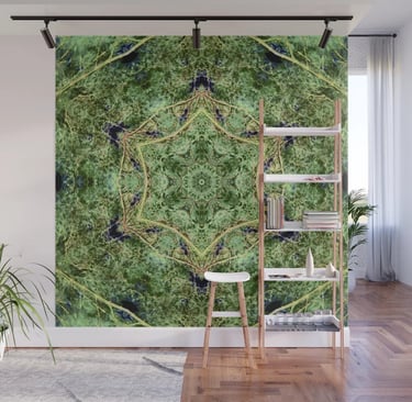 Abstract nature kaleidoscope design printed on a wall mural.