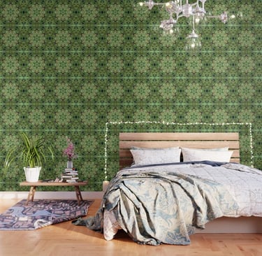 Abstract kaleidoscope print wall paper on a bedroom wall. 