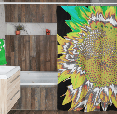 Digital image of a bathroom with a shower curtain hanging in front of an over bath shower