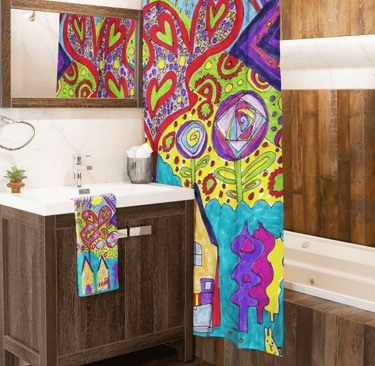 Image of a shower curtain with matching towel and bath mat in a bathroom 