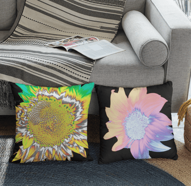 Digital image featuring two square throw pillows on the floor resting on a couch base