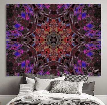 Canvas print on bedroom wall featuring an abstract kaleidoscope design in red, pink & purple hues.  
