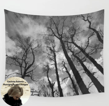Digital image of 'Birch Trees Perspective Scottish Highlands Style in Black and White' Wall Tapestry