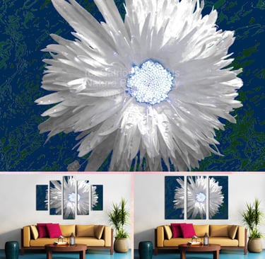 Digital image featuring 'White Dais Flower with Light Turquoise Centre on an Abstract Background' 