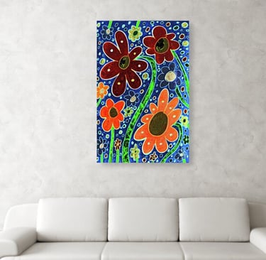 Digital image of a canvas print hanging on a wall above a couch. 