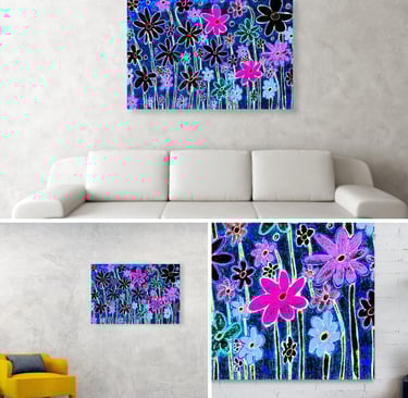Digital image of a canvas prints hanging on a wall over a couch, bedside a chair and on a wall.  