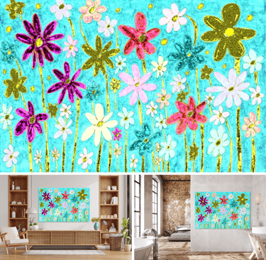 Floral design shown on a canvas on wall above a unit and on a bathroom/bedroom wall 