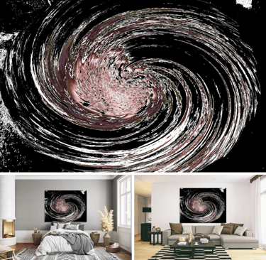 Digital image itself above a canvas prints on a wall above a bed and on a wall above a couch.l.