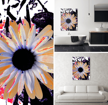 Left- Digital image of design itself right - on a canvas print on a wall above a bath and a couch