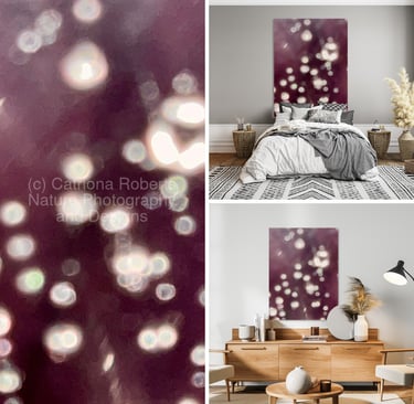 Digital image showing the design 'Abstract Glowing Orbs' alone on left and on canvas prints on right
