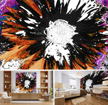 Above Daisy Flower below left design on a print over a unit and right on a wall mural