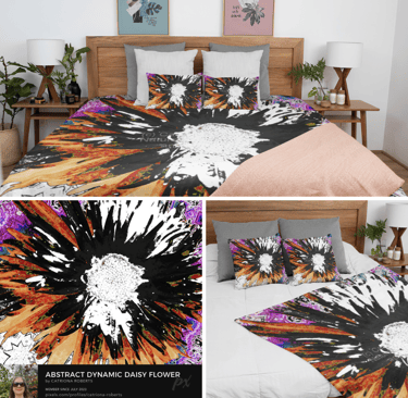 Above design on bedding below left daisy design below right blanket and pillows with design on them 