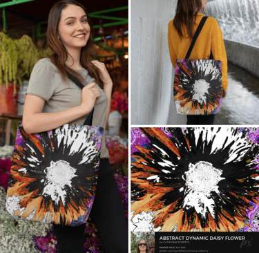model with tote bag left and upper right lower right daisy design itself 