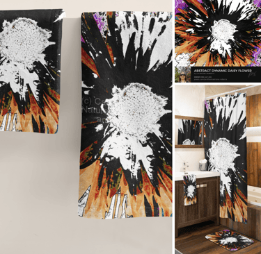on left towels with design, above right design itself, below right shower curtain with design on it 