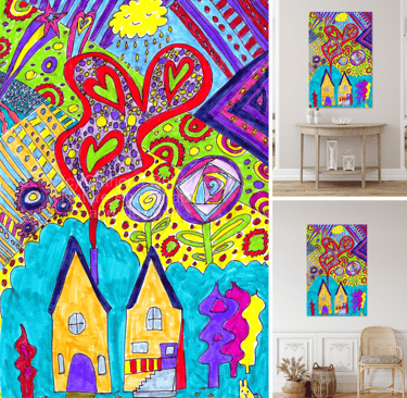left design itself, upper/lower right design on a print above a table , and near a chair
