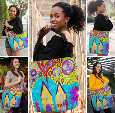 5 photos showing models holding a tote bag