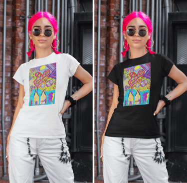female model wearing a t shirt in white and in black