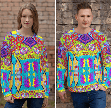 Image of a woman and man wearing the same unisex sweatshirt