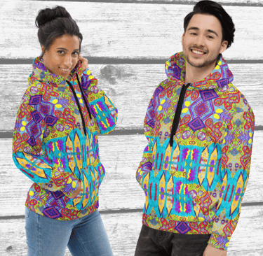Female and Male model standing beside each other wearing same design of unisex hoodie 