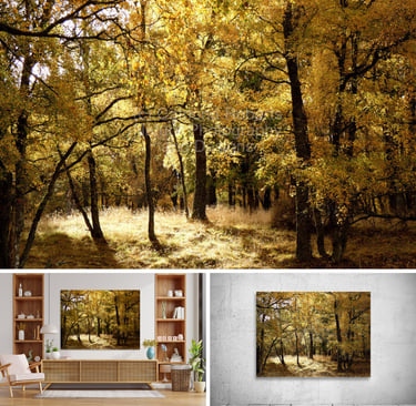 a living room with a chair and a forest photo on a Canvas Prints