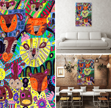 Design on a canvas print on a wall above a couch and on a cafe wall 