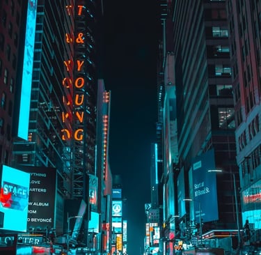 a city street scene with a neon sign that says you'ret't