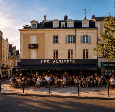 Crowded outdoor terrace of Les Variétés cafe in a historic French city street at sunset.