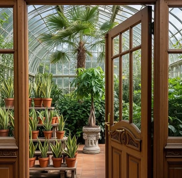 entrada a invernadero clásico repleto de plantas de interior