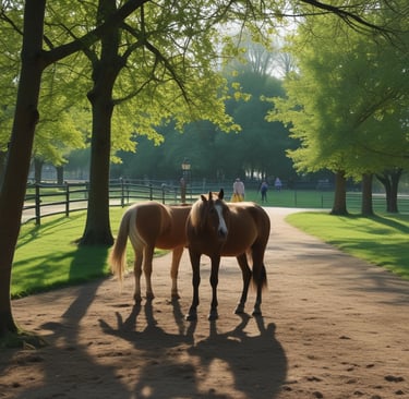 A beautifully manicured garden with lush green grass, neatly trimmed hedges, and gravel paths. Stone sculptures of deer with antlers sit atop a stone wall. Benches are positioned on either side for seating, surrounded by vibrant flowers and potted plants. The landscape extends to include rolling hills and a blue sky filled with fluffy clouds.