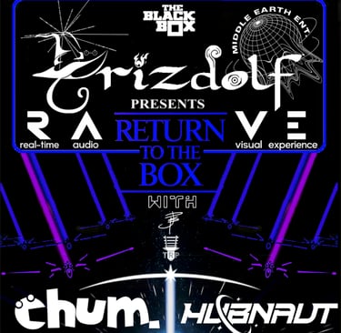 Event flier for Return to the Box at the Black Box presented by Middle Earth Entterainment
