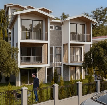 Çelik yapılı villaların dış görünümü ve özel bahçeli alanlar