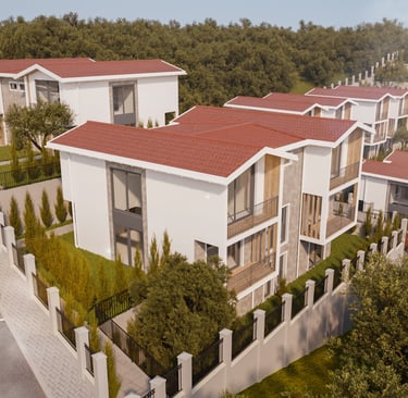 Doğa içinde konumlanmış İkonya Dolungaz villa projesinin site içi genel görünümü