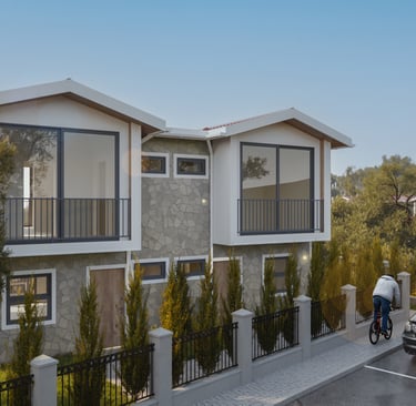 Yeşilliklerle çevrili, Karaburun’un doğasında yer alan lüks villa renderı