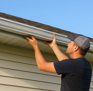 Professional installer fitting a seamless aluminum gutter on a beige house in Calgary, Everdrains gutter services