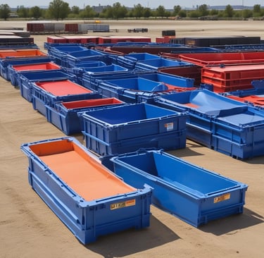 A row of green waste bins is aligned on the edge of a paved area next to a grassy slope. Above the slope, a tall communication tower is visible against a clear blue sky. A small white building with ventilation gratings is situated to the left.