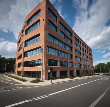 Four large waste bins in bright orange and blue colors are aligned against a dark green wall. Above them is a small rectangular window with wooden framing. The bins are placed on a paved surface marked with yellow lines.