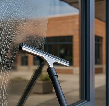 Window cleaning squeegee, wiping soap off the glass.