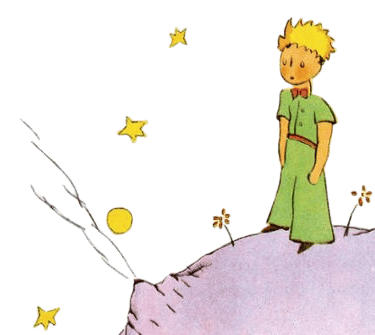 Der kleine Prinz steht im grünen Anzug auf einem Planeten, um ihn Sterne (Zeichnung Antoine de Saint Exupery=