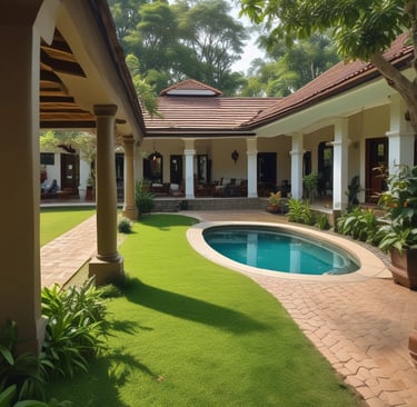 A lush green landscape filled with terraced plantations, surrounded by majestic hills partially veiled by low-hanging clouds. A small village with colorful houses lies nestled within the scenery, adding a touch of human presence to the natural setting.