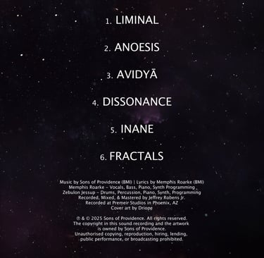 Back cover and track listing for the music album The Infinity Machine Part 1 by Sons of Providence 