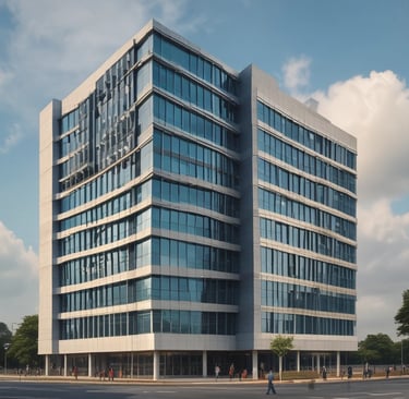 The image features the facade of a modern office building with a clean, geometric design. It is constructed with a combination of red brick and large glass panels, and there is a prominently displayed sign for Tata Consultancy Services in blue. Trees partially frame the view, and a lamppost is visible at the foreground.
