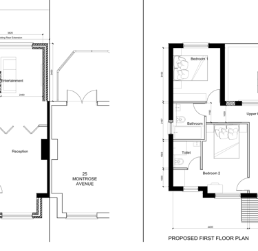 Architectural technical drawing showing the proposed ground and first floor plans for a residential house renovation.
